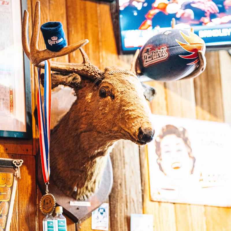 A deer head mounted on the wall among sports memorabilia