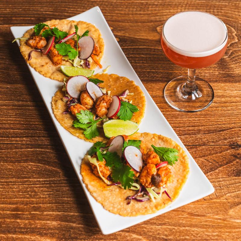 Chili Lime Shrimp Tacos and a cocktail