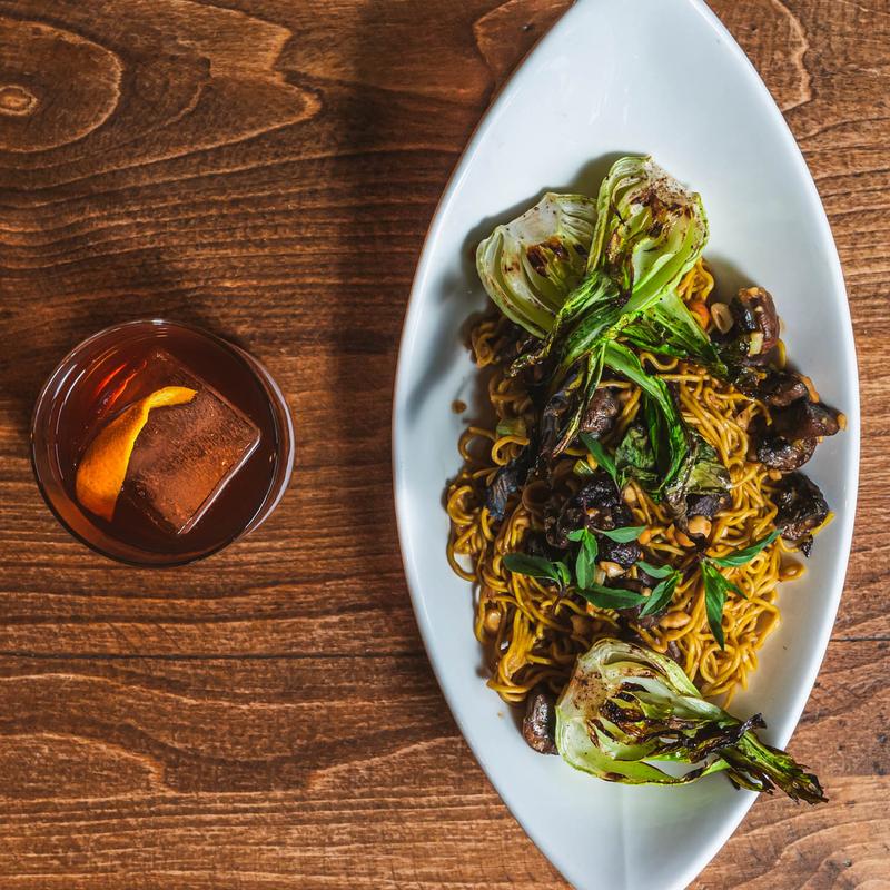Mushroom Peanut Noodles and a cocktail