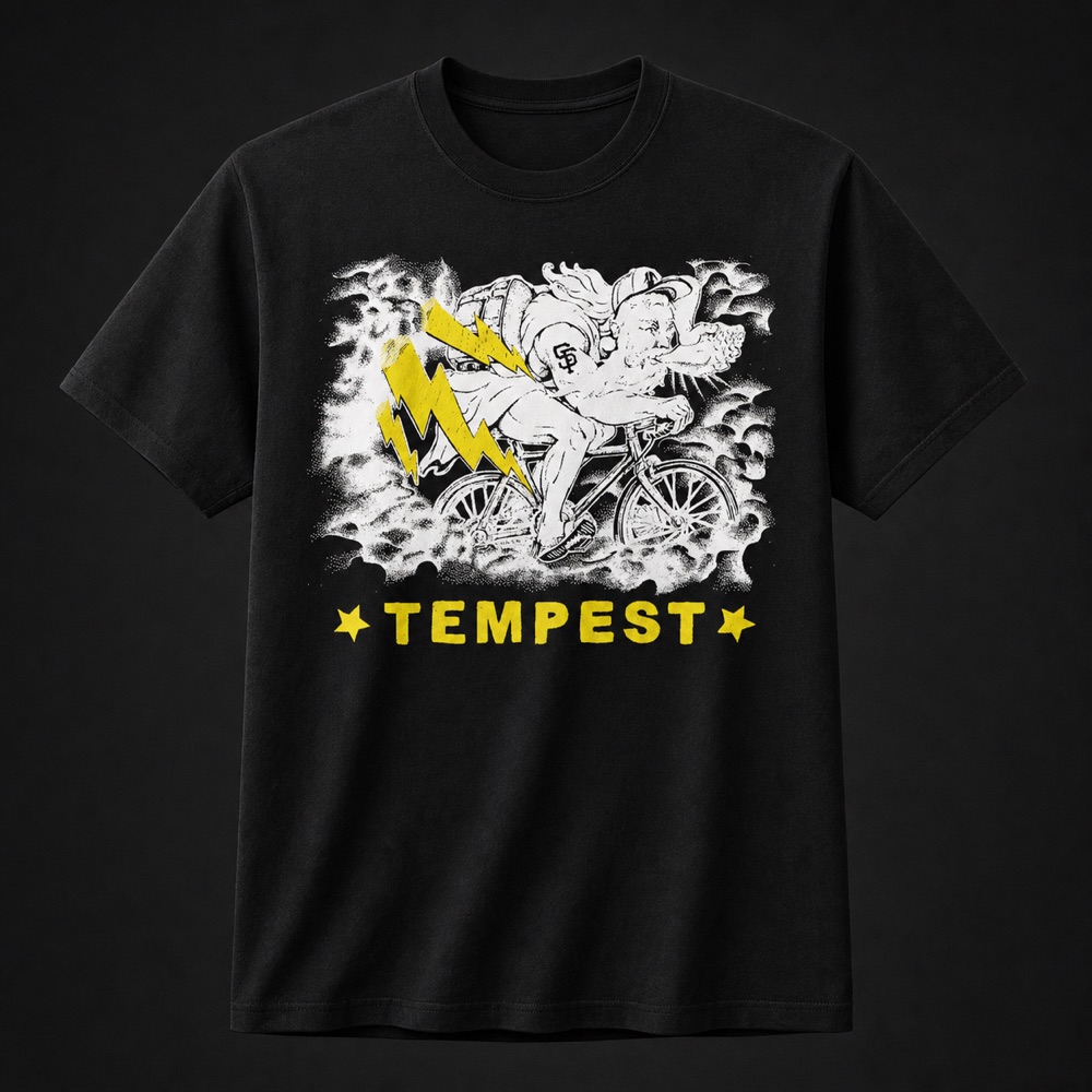 Black t-shirt with the Tempest storm rider design in yellow and white