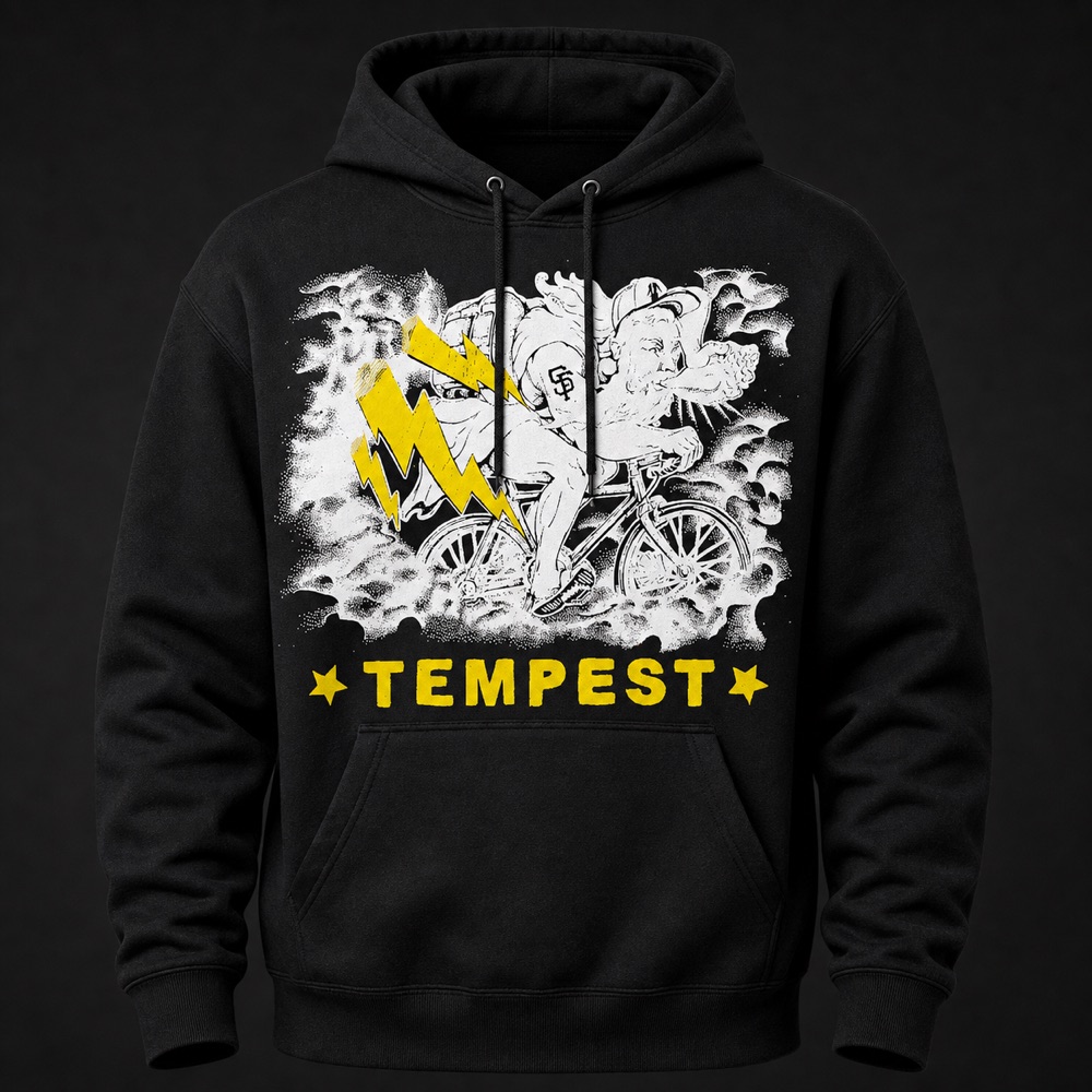 Black pullover hoodie with the Tempest storm rider design in yellow and white