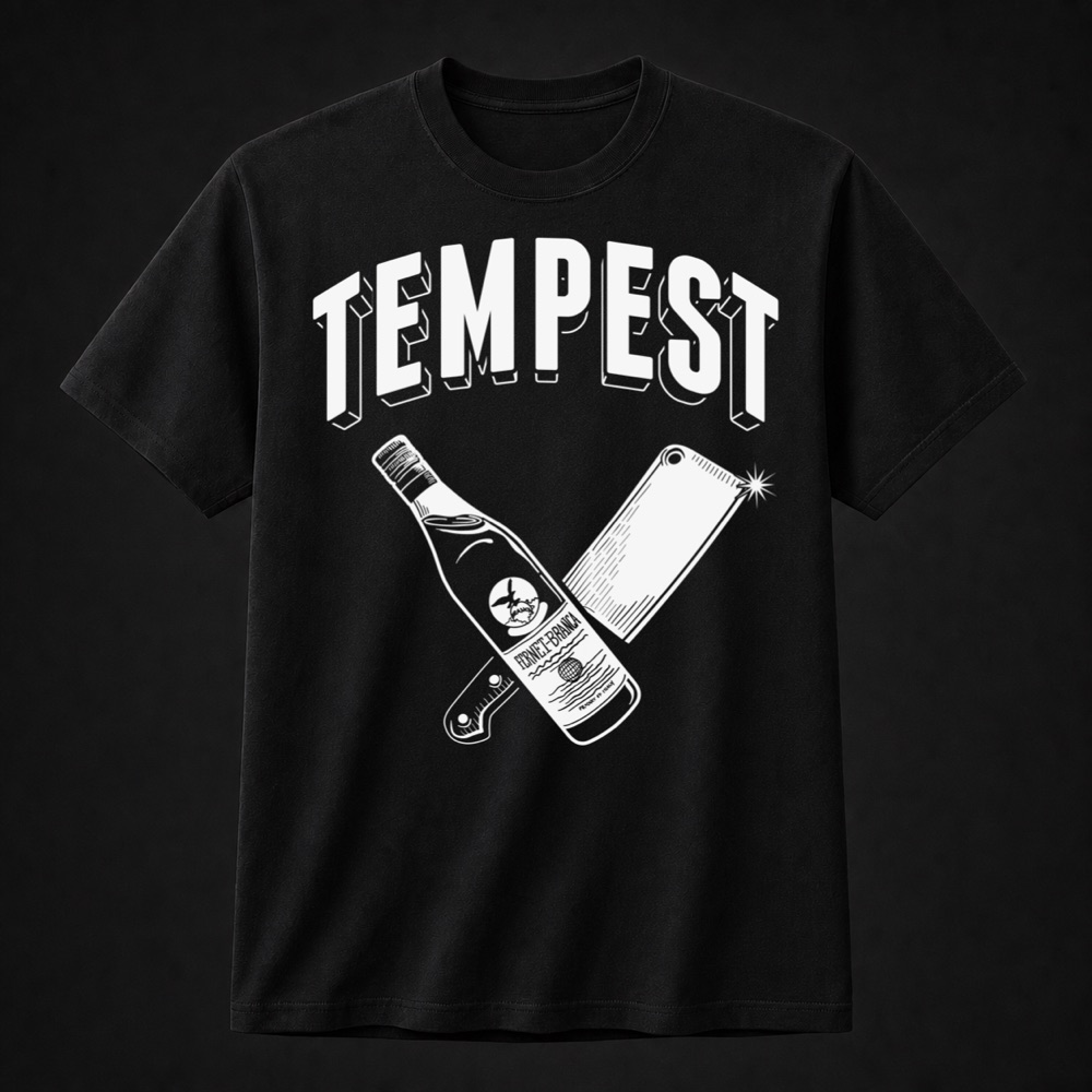 Black t-shirt with the white Tempest crest: a crossed Fernet-Branca bottle and meat cleaver